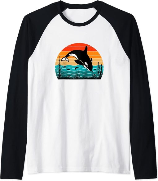 Retro Vintage Whale Orca Squad Orca Squad Whale Sea Animal Raglan Baseball Tee