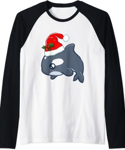 Xmas Kawaii Orca Cute Christmas Animal Santa"s Hat Raglan Baseball Tee