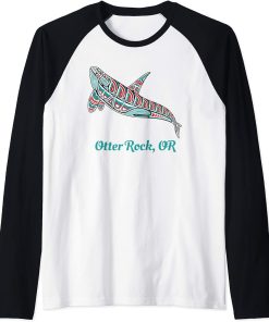 Otter Rock, Oregon Upward Orca Killer Whale Native American Raglan Baseball Tee