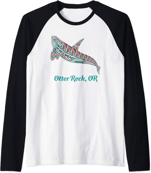 Otter Rock, Oregon Upward Orca Killer Whale Native American Raglan Baseball Tee