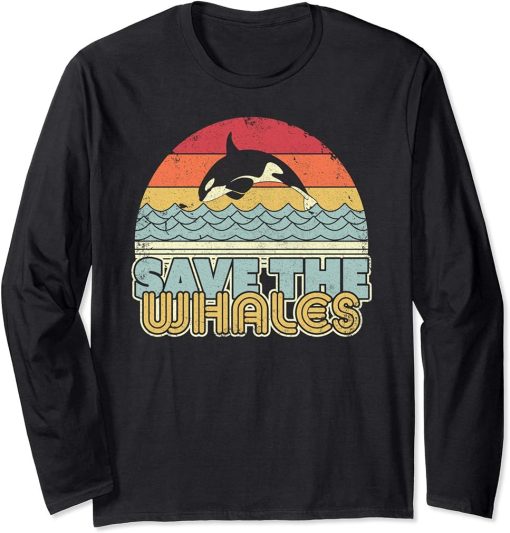 Save The Whales, Retro Orca, Killer Whale Long Sleeve T-Shirt