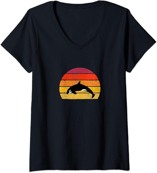 Womens Orca Vintage Art Killer Whale Sunset V-Neck T-Shirt